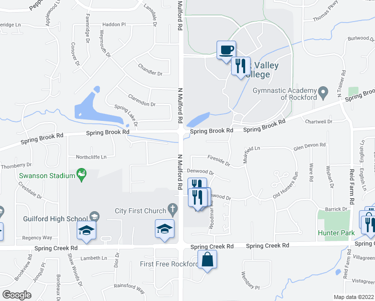 map of restaurants, bars, coffee shops, grocery stores, and more near 6022 Fireside Drive in Rockford