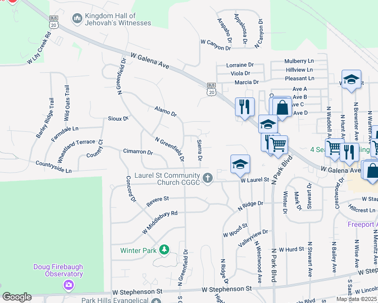 map of restaurants, bars, coffee shops, grocery stores, and more near 540 Sierra Drive in Freeport