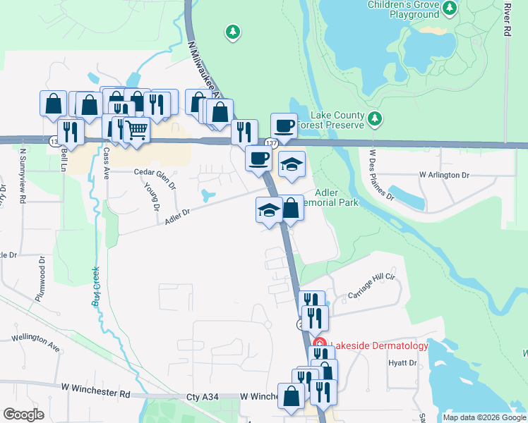 map of restaurants, bars, coffee shops, grocery stores, and more near 1635 North Milwaukee Avenue in Libertyville
