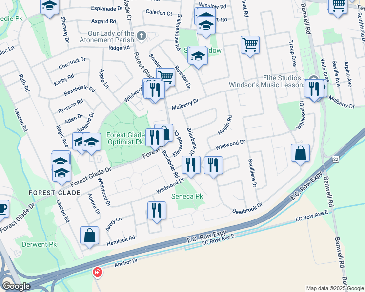 map of restaurants, bars, coffee shops, grocery stores, and more near 3154 Elmwood Crescent in Windsor