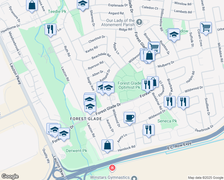 map of restaurants, bars, coffee shops, grocery stores, and more near 2992 Wildwood Drive in Windsor