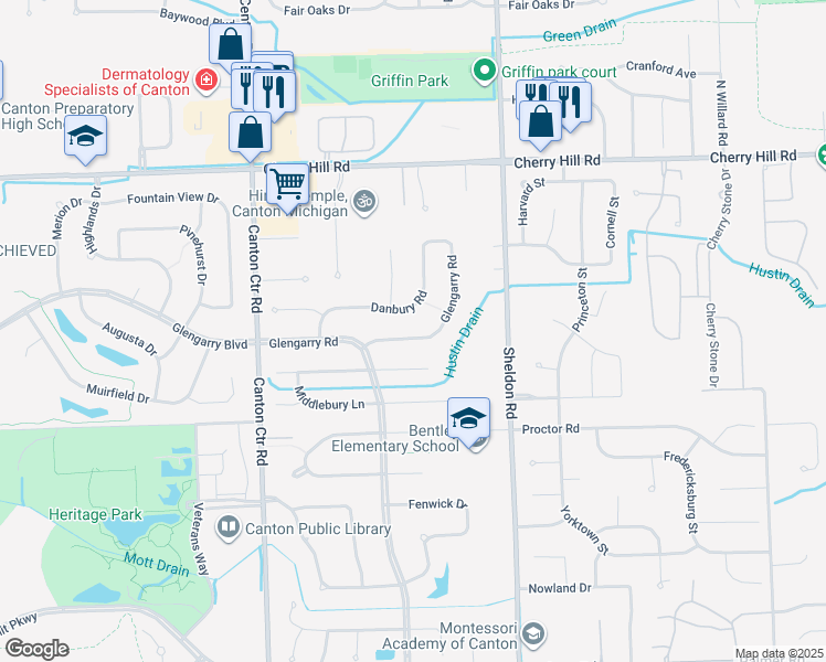 map of restaurants, bars, coffee shops, grocery stores, and more near 45050 Glengarry Road in Canton
