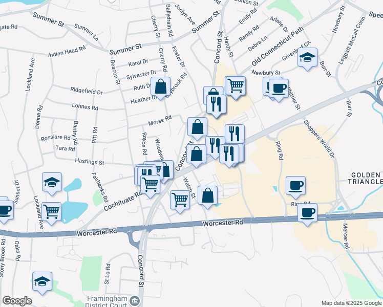 map of restaurants, bars, coffee shops, grocery stores, and more near 887 Concord Street in Framingham