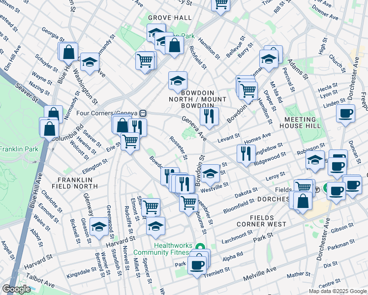 map of restaurants, bars, coffee shops, grocery stores, and more near 110 Rosseter Street in Boston