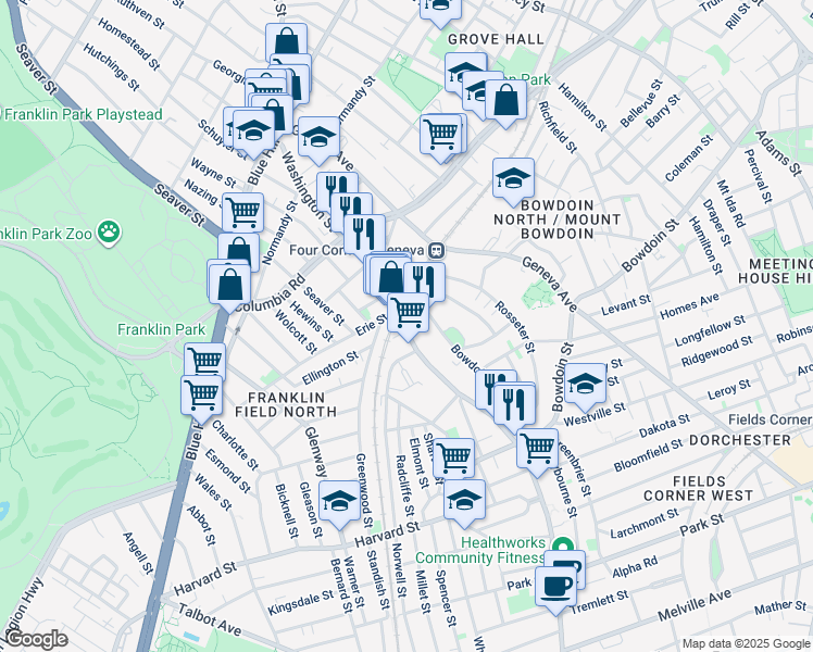 map of restaurants, bars, coffee shops, grocery stores, and more near 202 Washington Street in Boston