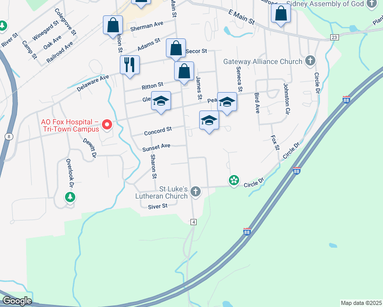 map of restaurants, bars, coffee shops, grocery stores, and more near 109 W Main St in Sidney