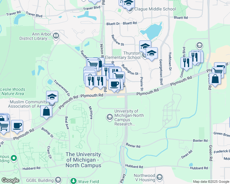 map of restaurants, bars, coffee shops, grocery stores, and more near 2705 Plymouth Road in Ann Arbor