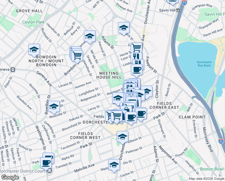 map of restaurants, bars, coffee shops, grocery stores, and more near 39 Robinson Street in Boston