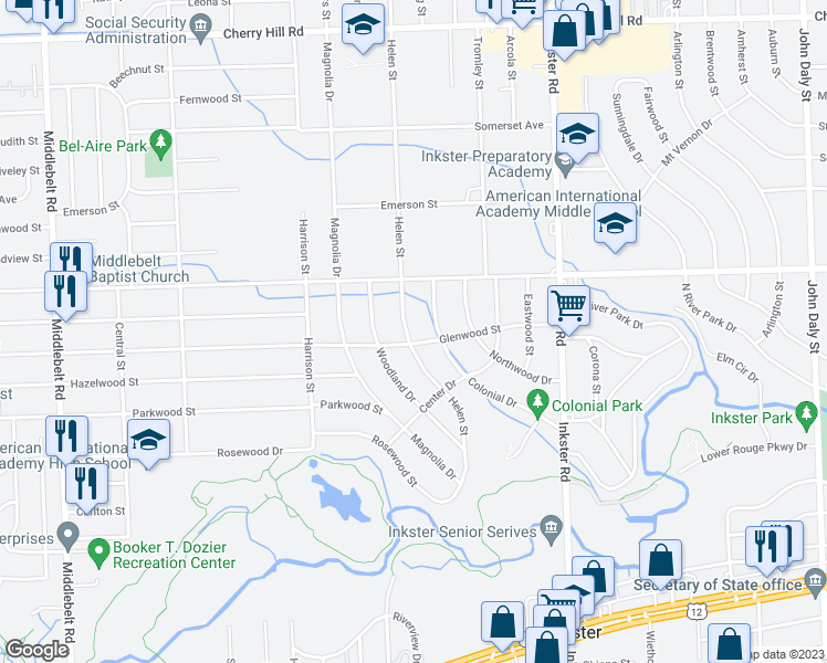 map of restaurants, bars, coffee shops, grocery stores, and more near 1167 Helen Street in Inkster