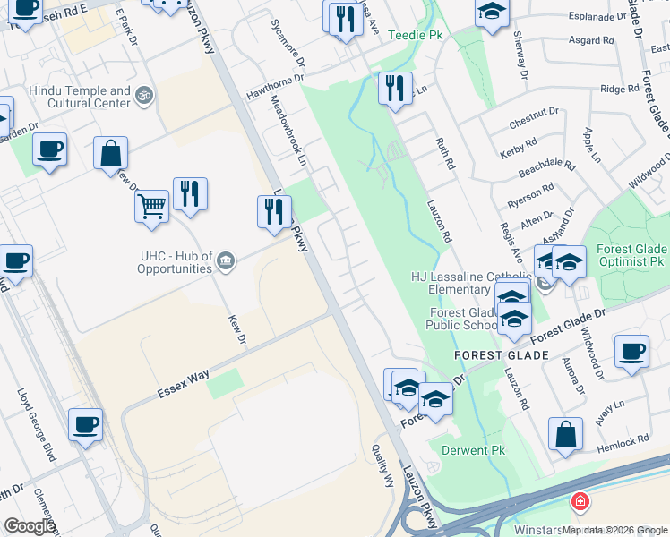 map of restaurants, bars, coffee shops, grocery stores, and more near 3003 Meadowbrook Lane in Windsor
