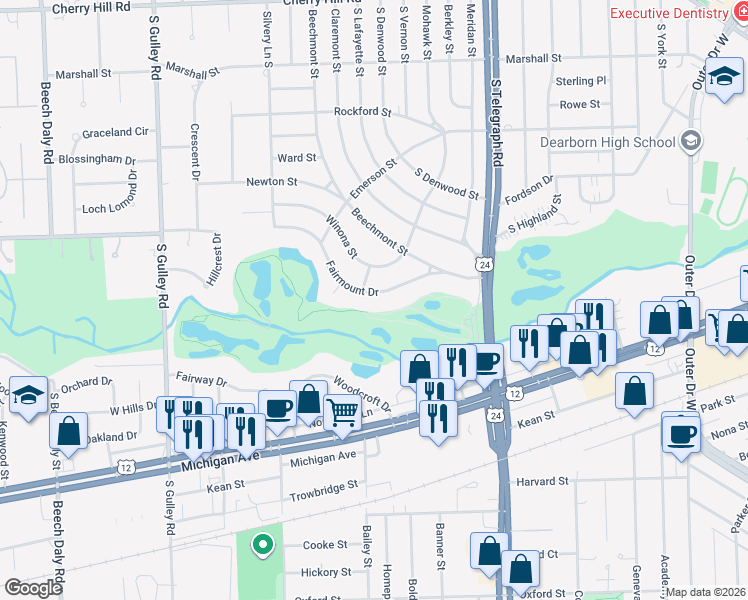 map of restaurants, bars, coffee shops, grocery stores, and more near 24441 Fairmount Drive in Dearborn