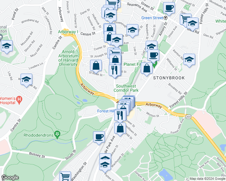 map of restaurants, bars, coffee shops, grocery stores, and more near 211 South Street in Jamaica Plain