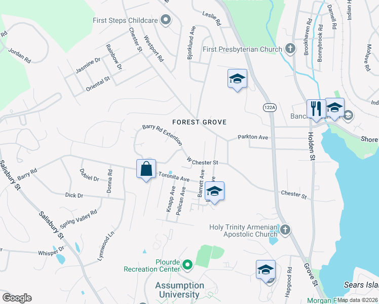 map of restaurants, bars, coffee shops, grocery stores, and more near 80 West Chester Street in Worcester