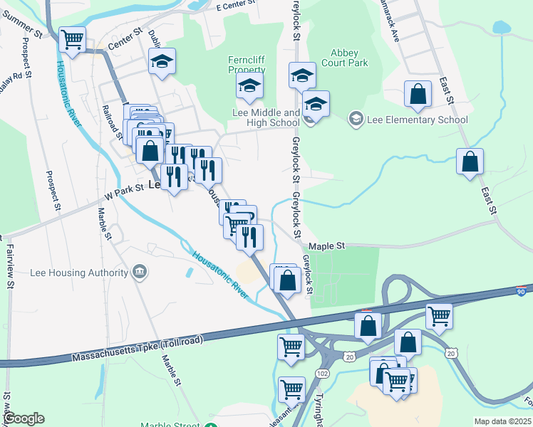 map of restaurants, bars, coffee shops, grocery stores, and more near 125 Maple Street in Lee