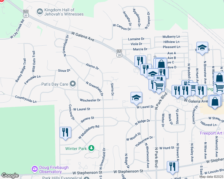 map of restaurants, bars, coffee shops, grocery stores, and more near 540 Sierra Drive in Freeport