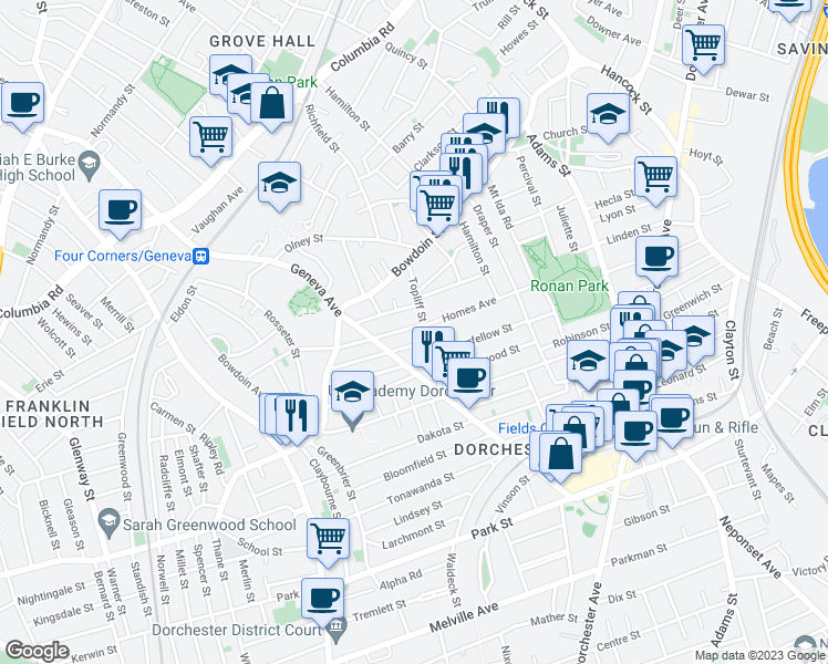 map of restaurants, bars, coffee shops, grocery stores, and more near 63 Homes Avenue in Boston