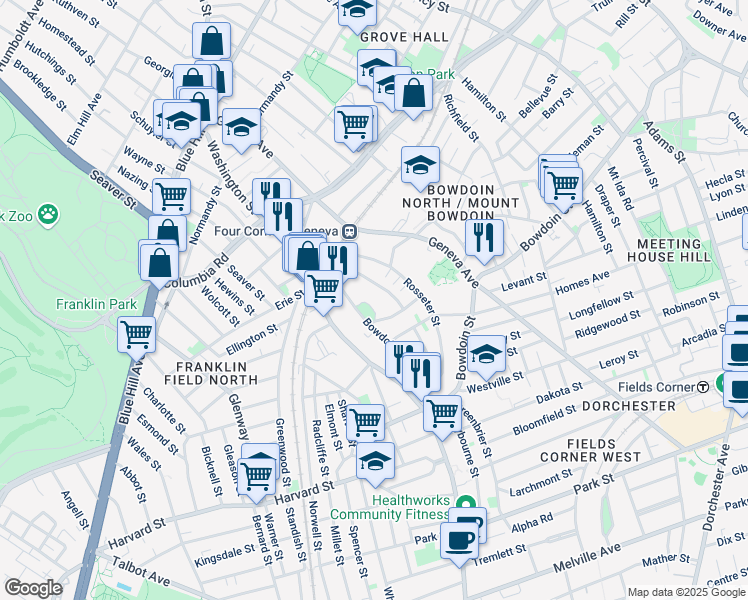map of restaurants, bars, coffee shops, grocery stores, and more near 14 Mount Bowdoin Green in Boston