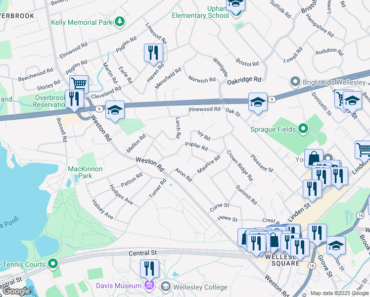 map of restaurants, bars, coffee shops, grocery stores, and more near 11 Poplar Road in Wellesley