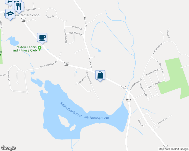 map of restaurants, bars, coffee shops, grocery stores, and more near 503 Pleasant Street in Paxton