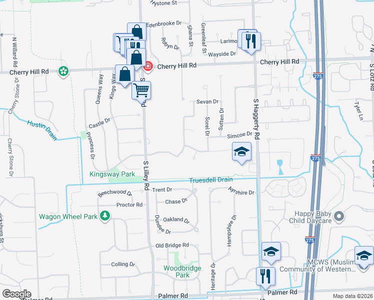 map of restaurants, bars, coffee shops, grocery stores, and more near 819 Pheasant Woods Drive in Canton