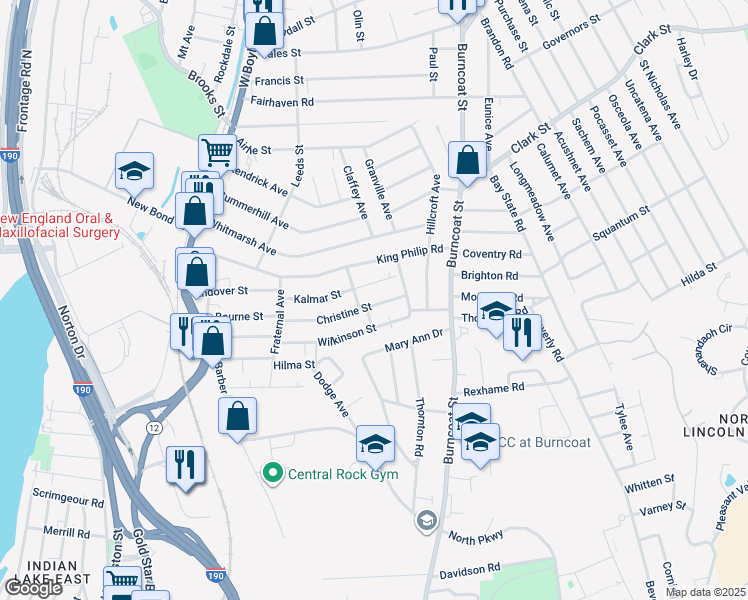 map of restaurants, bars, coffee shops, grocery stores, and more near 87 Christine Street in Worcester