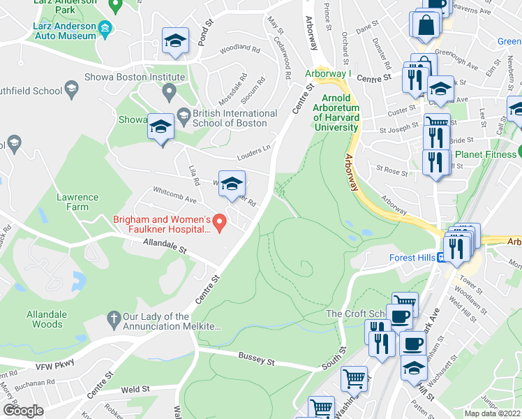 map of restaurants, bars, coffee shops, grocery stores, and more near Centre St & Westchester Rd in Boston