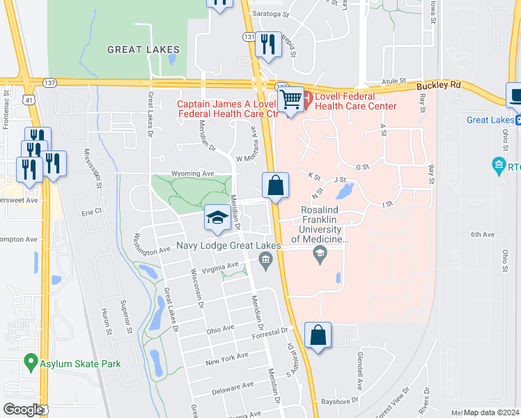 map of restaurants, bars, coffee shops, grocery stores, and more near 1727 Cavin Drive in North Chicago