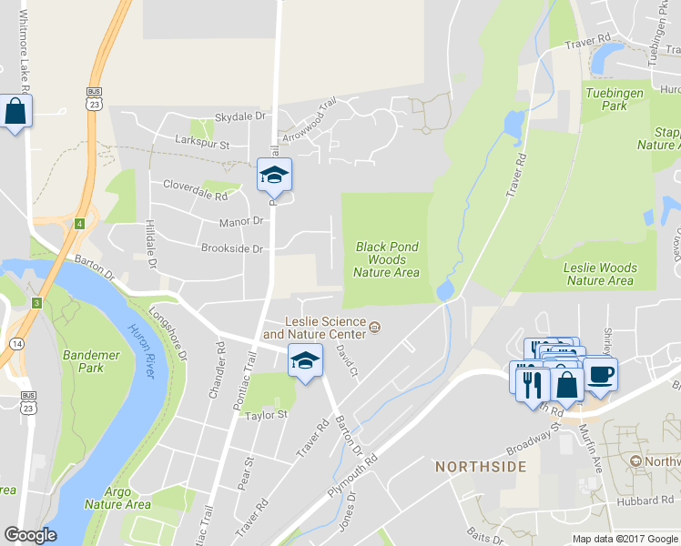 map of restaurants, bars, coffee shops, grocery stores, and more near 2020 Tibbits Court in Ann Arbor