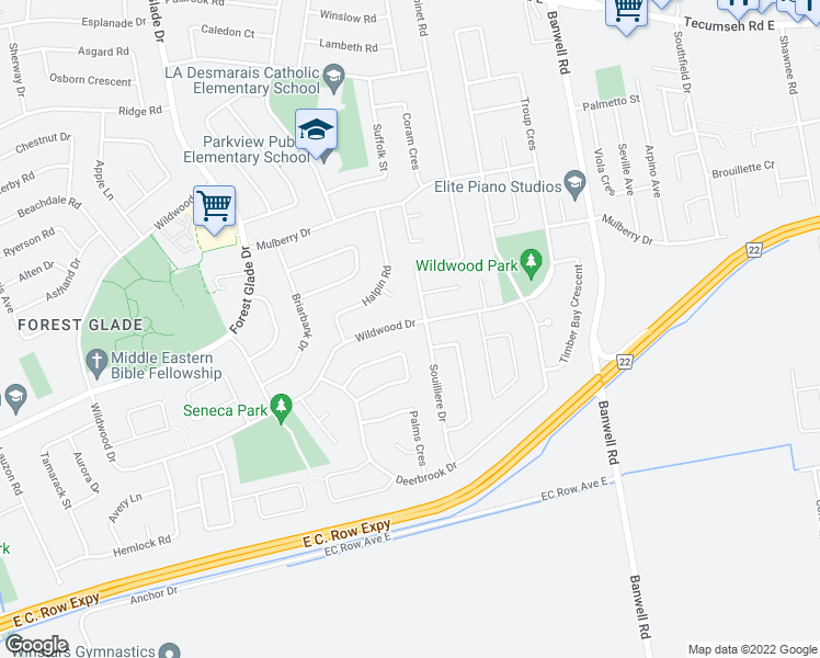 map of restaurants, bars, coffee shops, grocery stores, and more near 3735 Wildwood Drive in Windsor