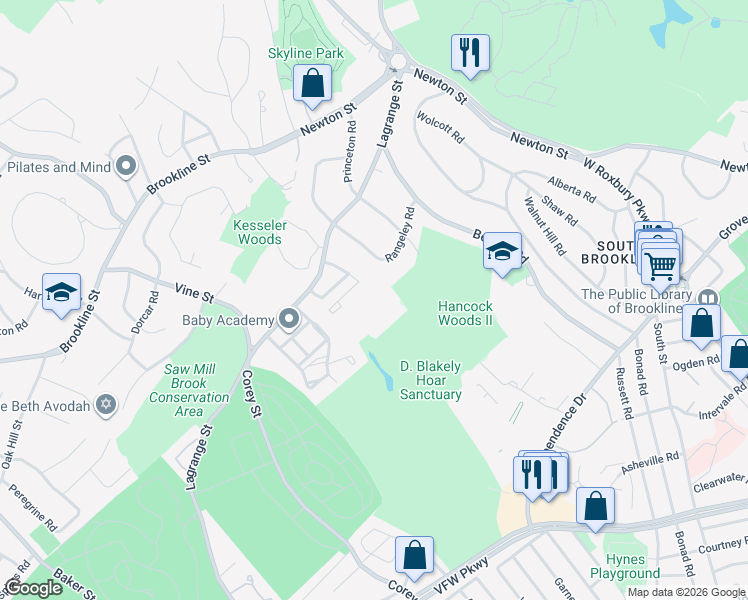 map of restaurants, bars, coffee shops, grocery stores, and more near Broadlawn Park in Boston