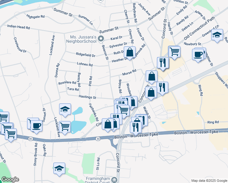 map of restaurants, bars, coffee shops, grocery stores, and more near 10 Royce Road in Framingham