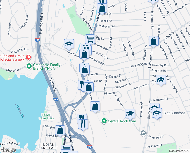 map of restaurants, bars, coffee shops, grocery stores, and more near 34 Andover Street in Worcester