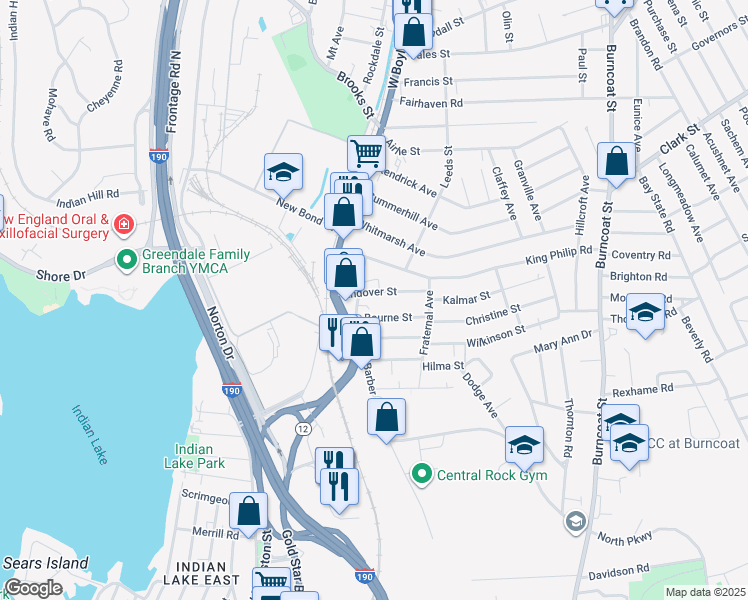 map of restaurants, bars, coffee shops, grocery stores, and more near 34 Andover Street in Worcester