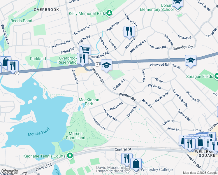 map of restaurants, bars, coffee shops, grocery stores, and more near 271 Weston Road in Wellesley