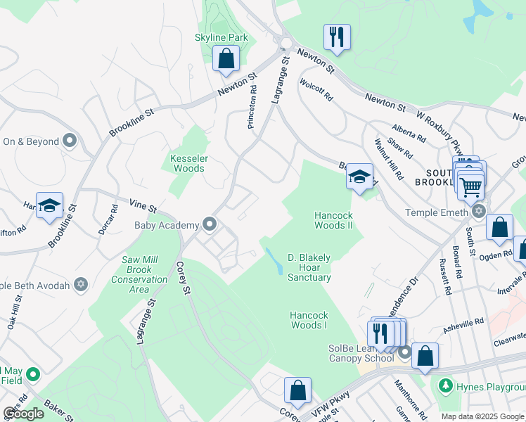 map of restaurants, bars, coffee shops, grocery stores, and more near 55 Broadlawn Park in Boston
