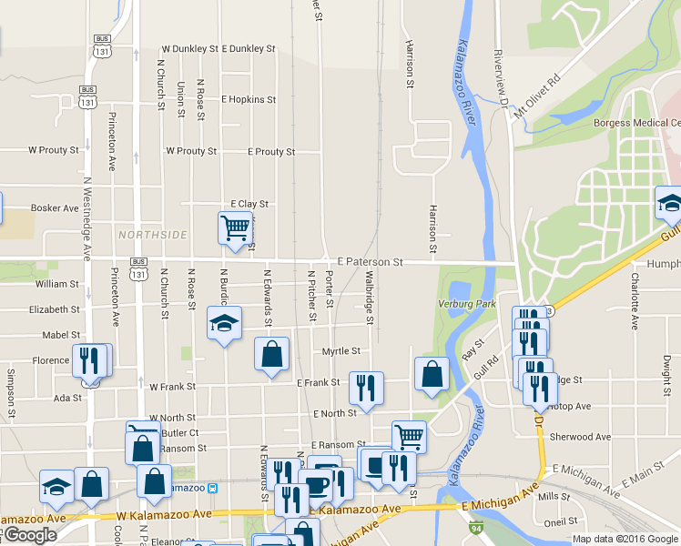 map of restaurants, bars, coffee shops, grocery stores, and more near 432 East Paterson Street in Kalamazoo