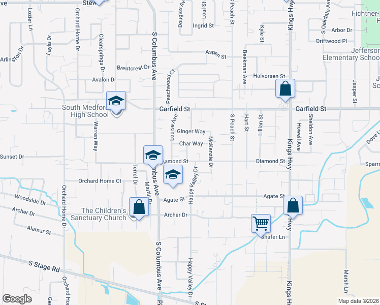 map of restaurants, bars, coffee shops, grocery stores, and more near 1815 Sarah Way in Medford