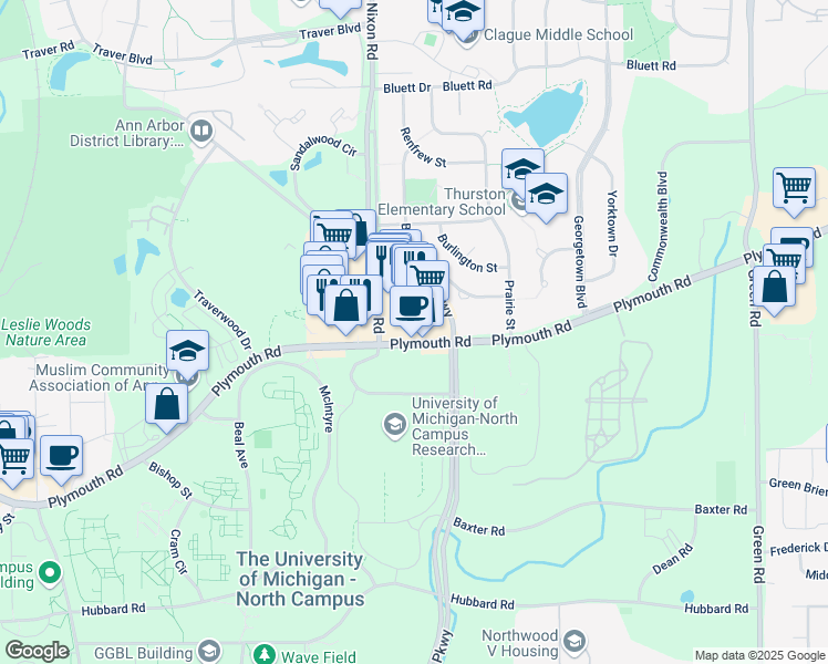 map of restaurants, bars, coffee shops, grocery stores, and more near 2705 Plymouth Road in Ann Arbor