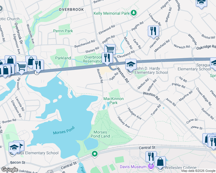 map of restaurants, bars, coffee shops, grocery stores, and more near 9 Fells Circle in Wellesley