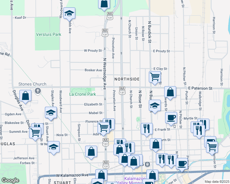 map of restaurants, bars, coffee shops, grocery stores, and more near 1212 Princeton Avenue in Kalamazoo