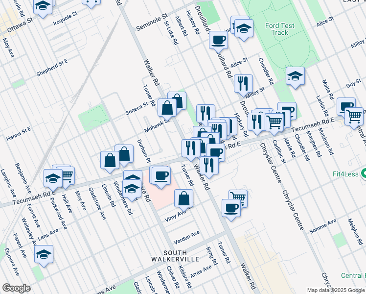 map of restaurants, bars, coffee shops, grocery stores, and more near 1877 Walker Road in Windsor
