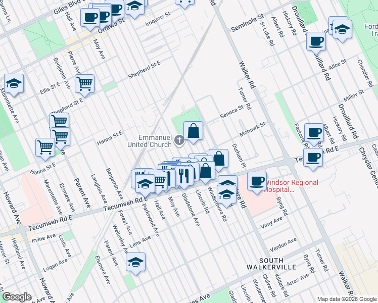 map of restaurants, bars, coffee shops, grocery stores, and more near 1780 Windermere Road in Windsor