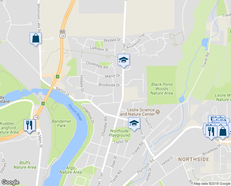 map of restaurants, bars, coffee shops, grocery stores, and more near 2030 Delafield Drive in Ann Arbor