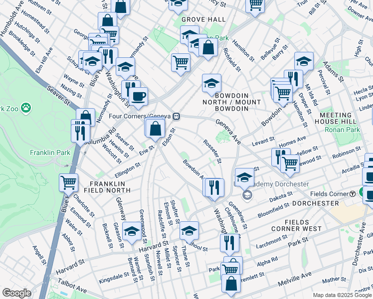 map of restaurants, bars, coffee shops, grocery stores, and more near 14 Mount Bowdoin Green in Boston