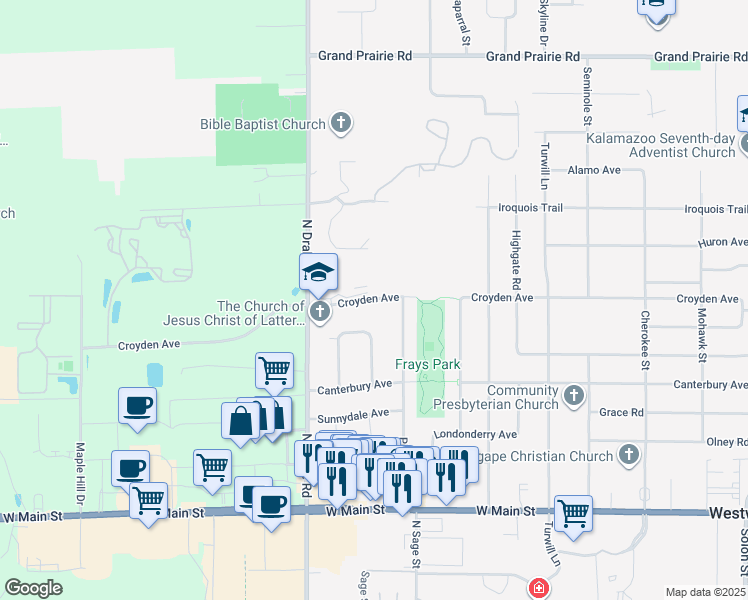 map of restaurants, bars, coffee shops, grocery stores, and more near 4519 Croyden Avenue in Kalamazoo