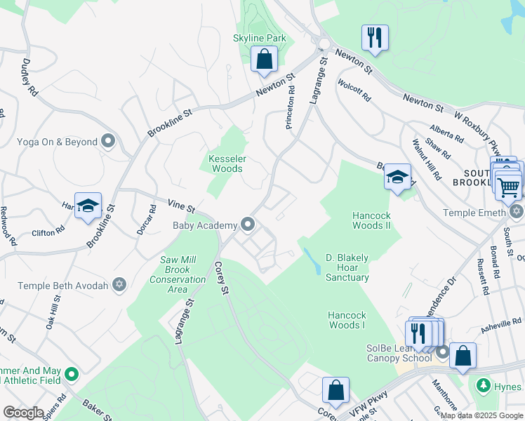 map of restaurants, bars, coffee shops, grocery stores, and more near 46 Broadlawn Drive in Newton