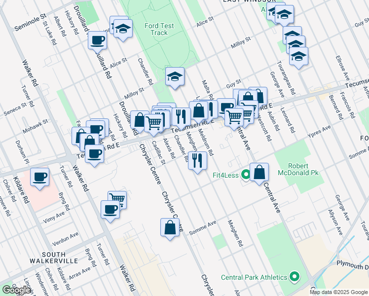 map of restaurants, bars, coffee shops, grocery stores, and more near 2284 Chandler Road in Windsor