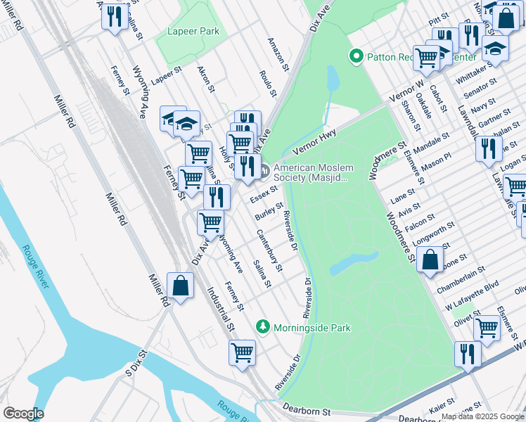 map of restaurants, bars, coffee shops, grocery stores, and more near 10008 Burley Street in Dearborn