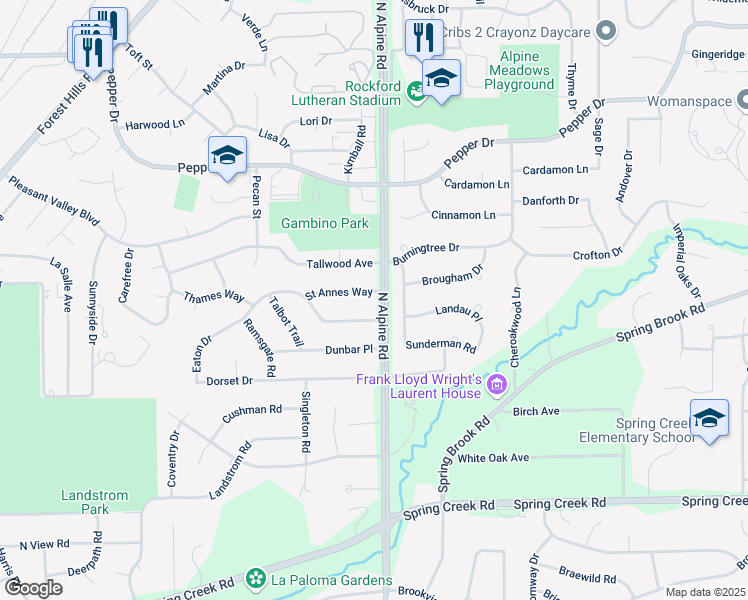 map of restaurants, bars, coffee shops, grocery stores, and more near 4421 Saint Annes Way in Rockford