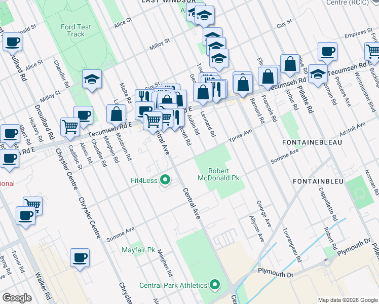 map of restaurants, bars, coffee shops, grocery stores, and more near 2387 Westcott Road in Windsor